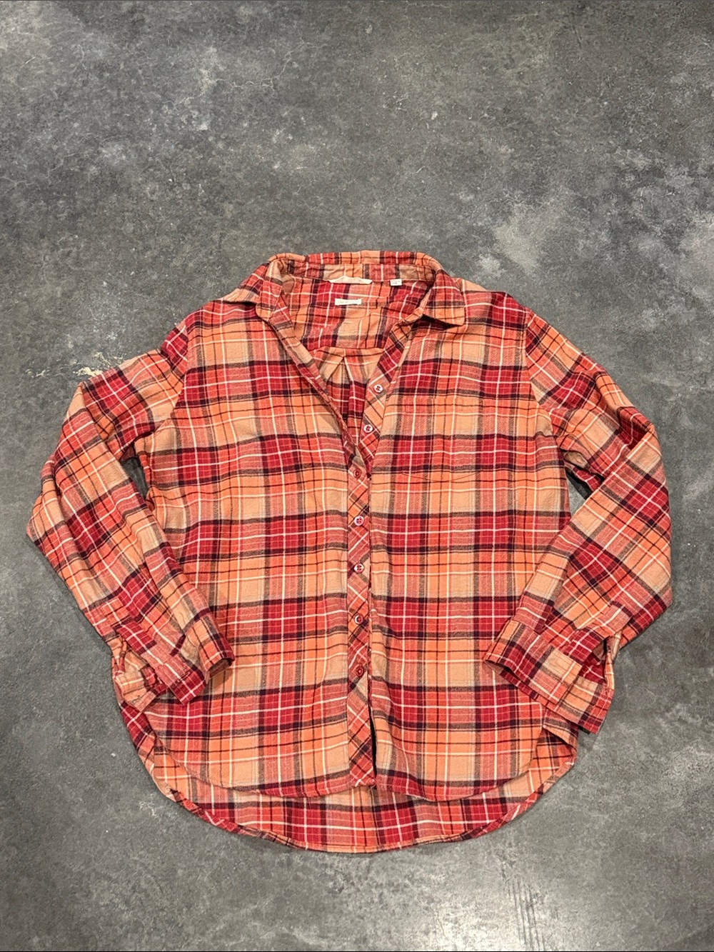 Plaid Button-Up Shirt in Red and Peach with teal highlights